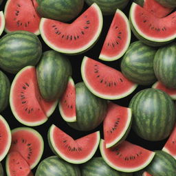 Modify the lush garden image to include a freshly cut, juicy watermelon revealing its vibrant red flesh and black seeds, with hidden patches of ripe tomatoes and underground potatoes.