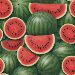 Modify the lush garden image to include a freshly cut, juicy watermelon revealing its vibrant red flesh and black seeds, with hidden patches of ripe tomatoes and underground potatoes.