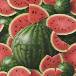 Modify the lush garden image to include a freshly cut, juicy watermelon revealing its vibrant red flesh and black seeds, with hidden patches of ripe tomatoes and underground potatoes.