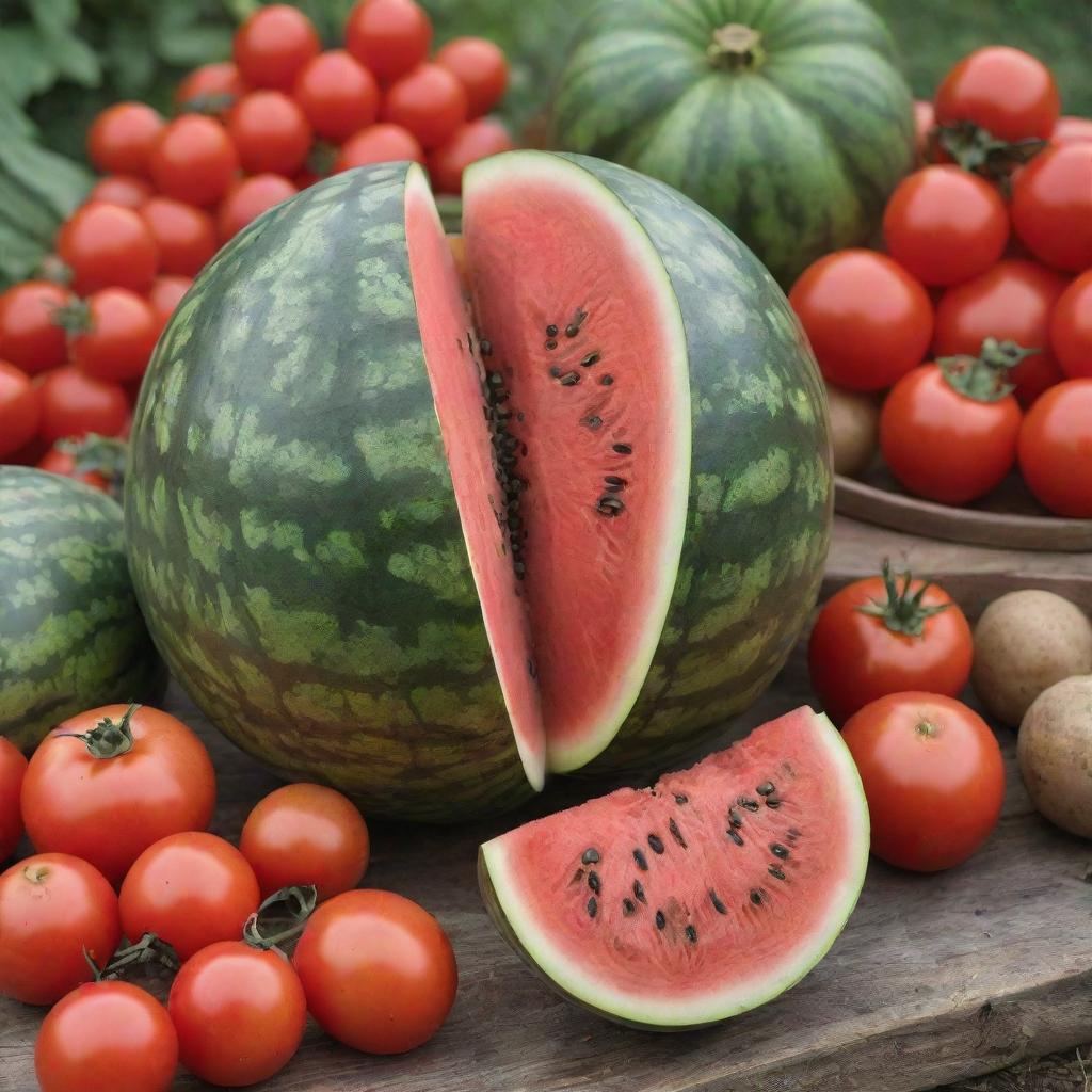 A lush garden highlighting a freshly cut, juicy watermelon with its vibrant red flesh and black seeds on display, surrounded by ripe tomatoes and hidden clusters of potatoes.