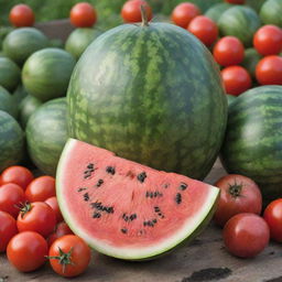 A lush garden highlighting a freshly cut, juicy watermelon with its vibrant red flesh and black seeds on display, surrounded by ripe tomatoes and hidden clusters of potatoes.