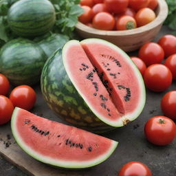 A lush garden highlighting a freshly cut, juicy watermelon with its vibrant red flesh and black seeds on display, surrounded by ripe tomatoes and hidden clusters of potatoes.