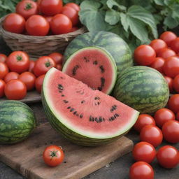 A lush garden highlighting a freshly cut, juicy watermelon with its vibrant red flesh and black seeds on display, surrounded by ripe tomatoes and hidden clusters of potatoes.