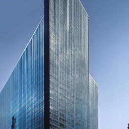 A stunning, ultra-modern high-rise building, reflective glass facade, under clear blue skies