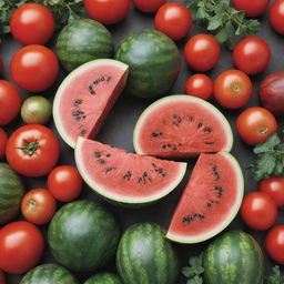 Revise the scene to include a lush garden with a freshly cut, juicy watermelon revealing its vibrant red flesh and black seeds, amidst ripe tomatoes and hidden patches of potatoes.