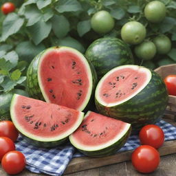 Revise the scene to include a lush garden with a freshly cut, juicy watermelon revealing its vibrant red flesh and black seeds, amidst ripe tomatoes and hidden patches of potatoes.