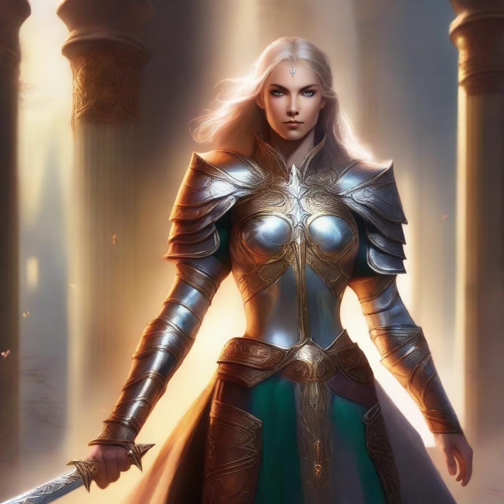 A high-quality digital art depicting a female Eladrin Paladin