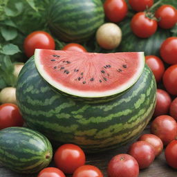 Revise the scene to include a lush garden with a freshly cut, juicy watermelon revealing its vibrant red flesh and black seeds, amidst ripe tomatoes and hidden patches of potatoes.