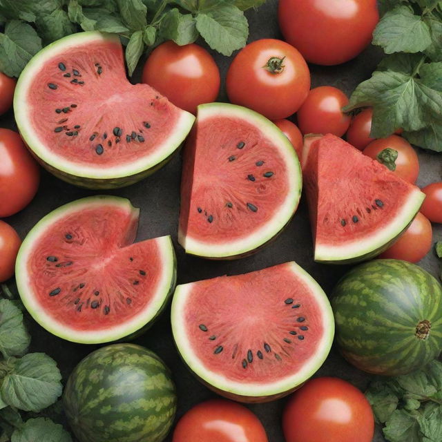 Revise the scene to include a lush garden with a freshly cut, juicy watermelon revealing its vibrant red flesh and black seeds, amidst ripe tomatoes and hidden patches of potatoes.