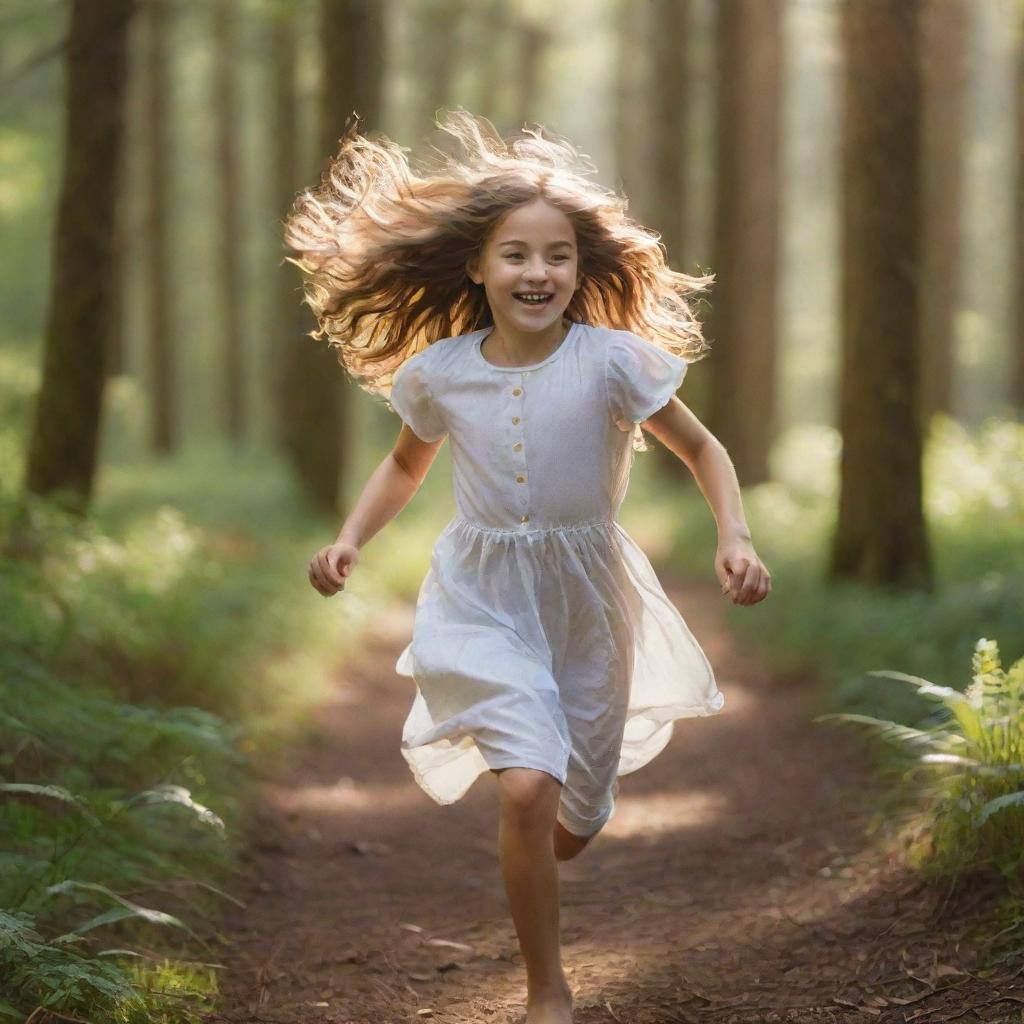 A brilliant scene of a young girl with flowing hair, joyfully sprinting amidst the dense, thriving forest bathed in gentle sunlight.