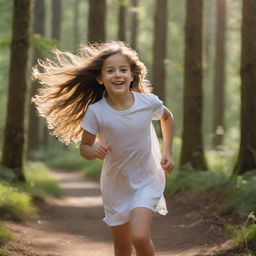 A brilliant scene of a young girl with flowing hair, joyfully sprinting amidst the dense, thriving forest bathed in gentle sunlight.