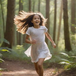 A brilliant scene of a young girl with flowing hair, joyfully sprinting amidst the dense, thriving forest bathed in gentle sunlight.