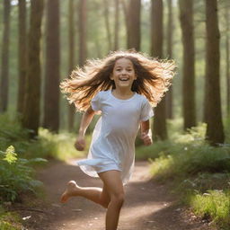 A brilliant scene of a young girl with flowing hair, joyfully sprinting amidst the dense, thriving forest bathed in gentle sunlight.