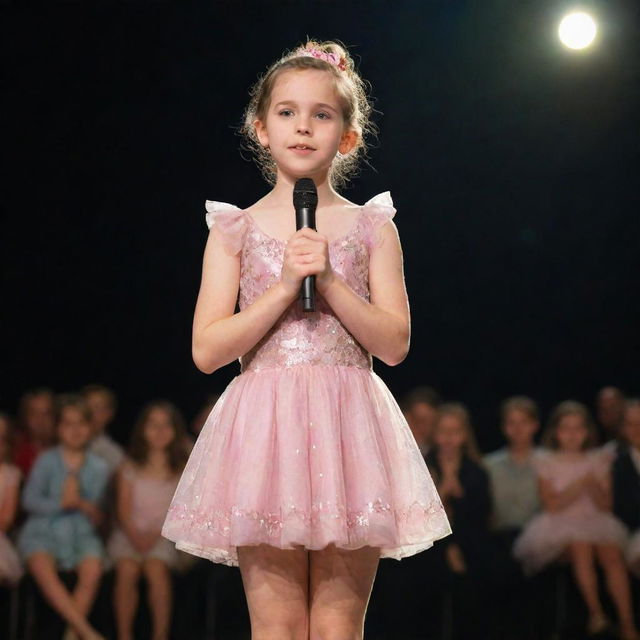 A confident girl holding a microphone, wearing a whimsical fairy-like short frock, standing on a stage facing an attentive audience.