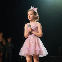 A confident girl holding a microphone, wearing a whimsical fairy-like short frock, standing on a stage facing an attentive audience.