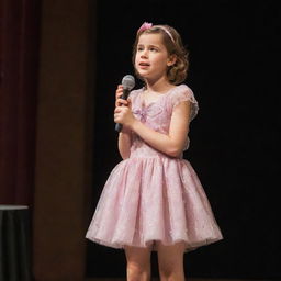 A confident girl holding a microphone, wearing a whimsical fairy-like short frock, standing on a stage facing an attentive audience.