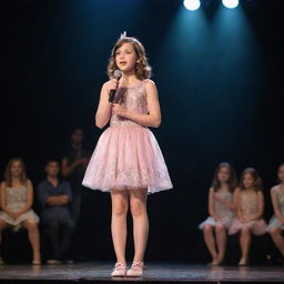 A confident girl holding a microphone, wearing a whimsical fairy-like short frock, standing on a stage facing an attentive audience.