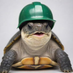 A happy, detailed turtle wearing a protective helmet.