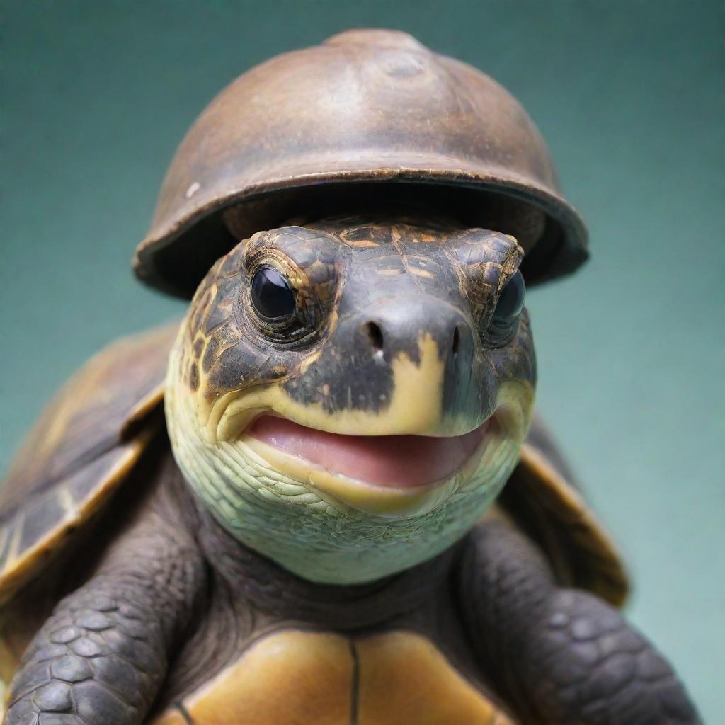 A happy, detailed turtle wearing a protective helmet.