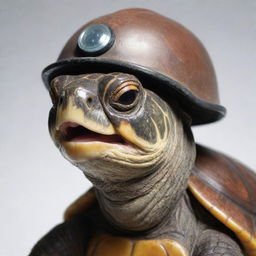 A happy, detailed turtle wearing a protective helmet.