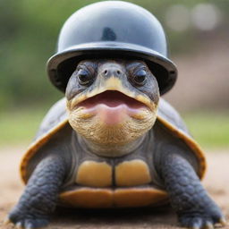 A happy, detailed turtle wearing a protective helmet.