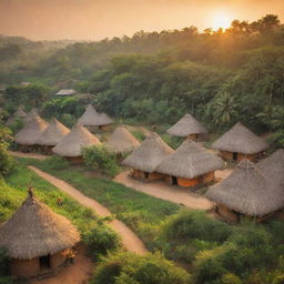 Indian village with traditional thatched huts, surrounded by lush greenery and populated with bustling villagers, under a warm, setting sun reflecting rich golden and orange hues