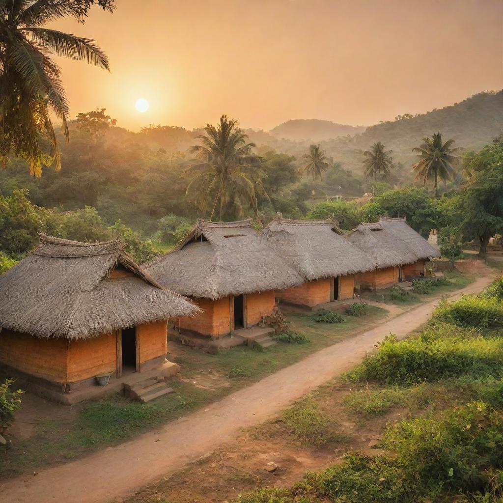 Indian village with traditional thatched huts, surrounded by lush greenery and populated with bustling villagers, under a warm, setting sun reflecting rich golden and orange hues