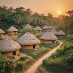 Indian village with traditional thatched huts, surrounded by lush greenery and populated with bustling villagers, under a warm, setting sun reflecting rich golden and orange hues