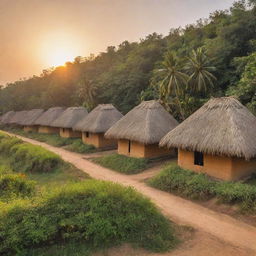 Indian village with traditional thatched huts, surrounded by lush greenery and populated with bustling villagers, under a warm, setting sun reflecting rich golden and orange hues