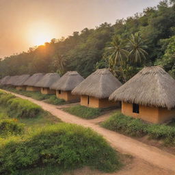 Indian village with traditional thatched huts, surrounded by lush greenery and populated with bustling villagers, under a warm, setting sun reflecting rich golden and orange hues