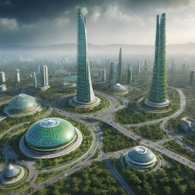 Futuristic view of India in 2050, showcasing advanced technology, green energy infrastructure, and iconic landmarks with a modern twist.