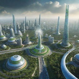 Futuristic view of India in 2050, showcasing advanced technology, green energy infrastructure, and iconic landmarks with a modern twist.