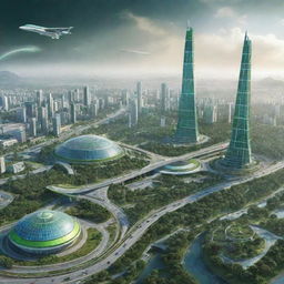 Futuristic view of India in 2050, showcasing advanced technology, green energy infrastructure, and iconic landmarks with a modern twist.