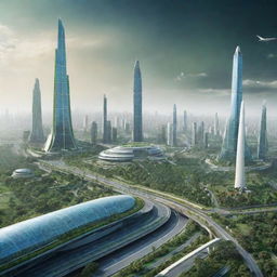 Futuristic view of India in 2050, showcasing advanced technology, green energy infrastructure, and iconic landmarks with a modern twist.