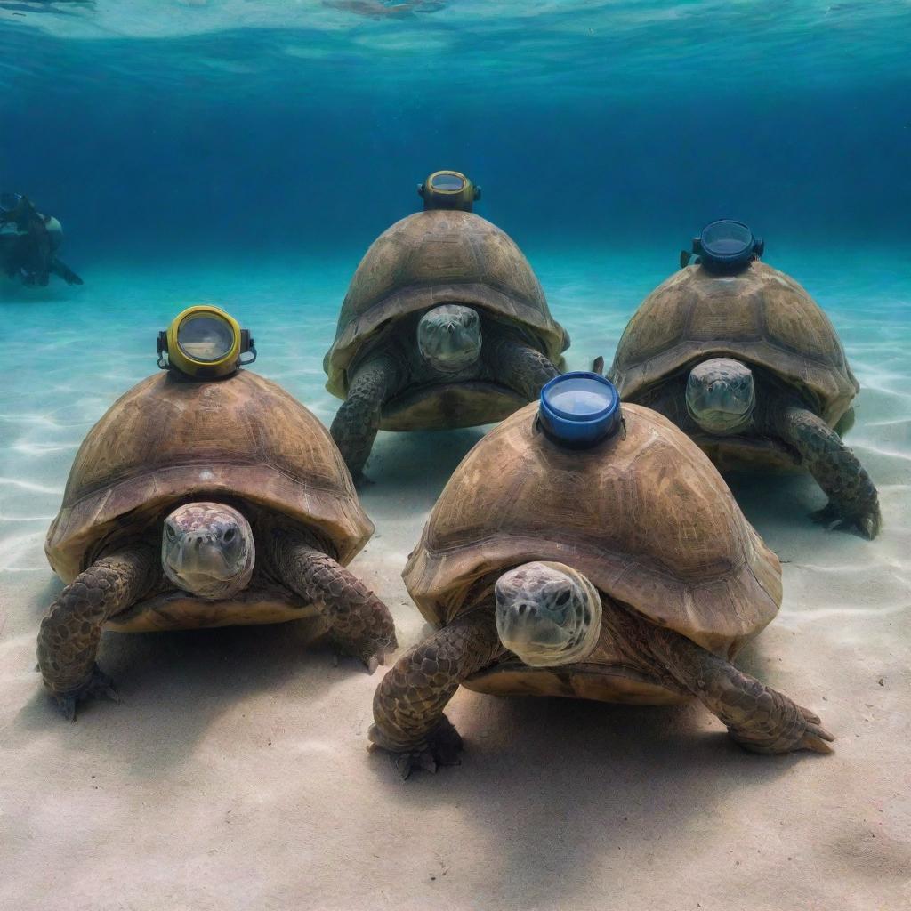 A group of tortoises equipped with miniature diving helmets at the brink of an underwater adventure.