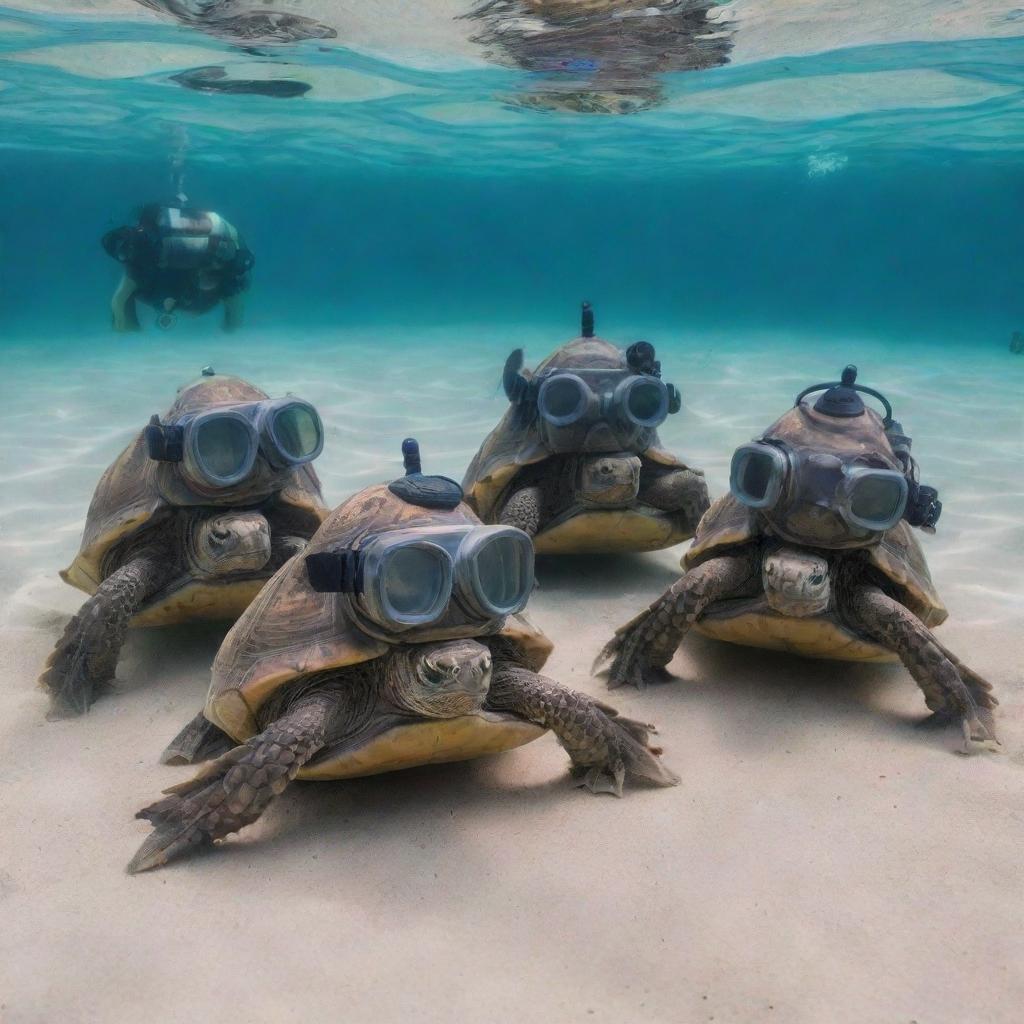 A group of tortoises equipped with miniature diving helmets at the brink of an underwater adventure.