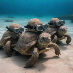 A group of tortoises equipped with miniature diving helmets at the brink of an underwater adventure.