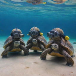 A group of tortoises equipped with miniature diving helmets at the brink of an underwater adventure.