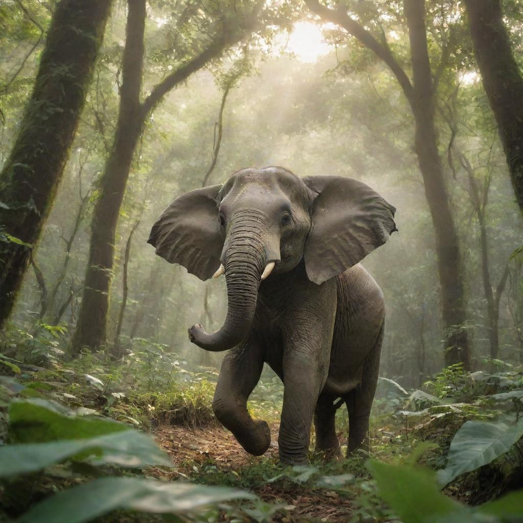 A jovial elephant dancing amidst a lush green forest, leaves fluttering around and sunlight streaming through the dense canopy.