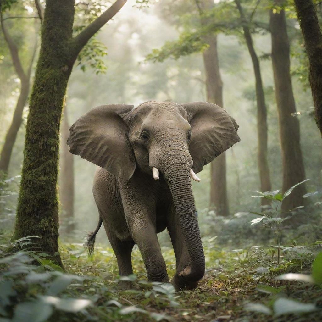 A jovial elephant dancing amidst a lush green forest, leaves fluttering around and sunlight streaming through the dense canopy.