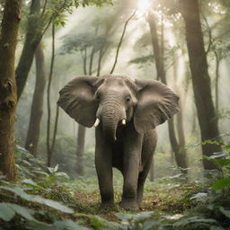 A jovial elephant dancing amidst a lush green forest, leaves fluttering around and sunlight streaming through the dense canopy.