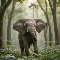 A jovial elephant dancing amidst a lush green forest, leaves fluttering around and sunlight streaming through the dense canopy.