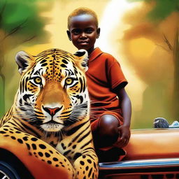 A vibrant, high-quality image featuring a 12-year-old African child riding on a jaguar