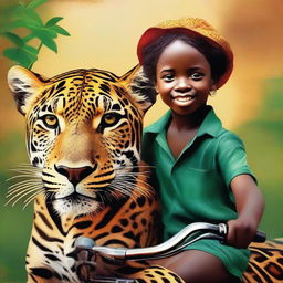 A vibrant, high-quality image featuring a 12-year-old African child riding on a jaguar