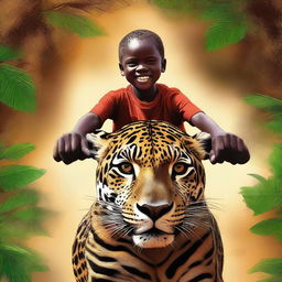 A vibrant, high-quality image featuring a 12-year-old African child riding on a jaguar