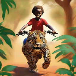 A vibrant, high-quality image featuring a 12-year-old African child riding on a jaguar