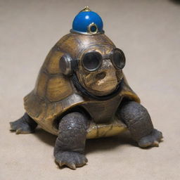 A tortoise proudly donning a miniaturized Kirby Morgan diving helmet, ready for an undersea expedition.