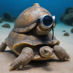 A tortoise proudly donning a miniaturized Kirby Morgan diving helmet, ready for an undersea expedition.