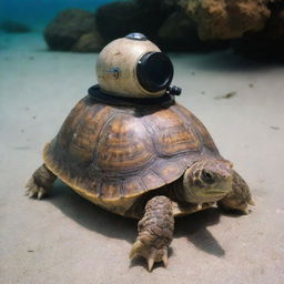 A tortoise proudly donning a miniaturized Kirby Morgan diving helmet, ready for an undersea expedition.