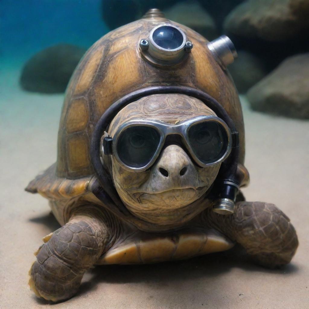 A tortoise proudly donning a miniaturized Kirby Morgan diving helmet, ready for an undersea expedition.